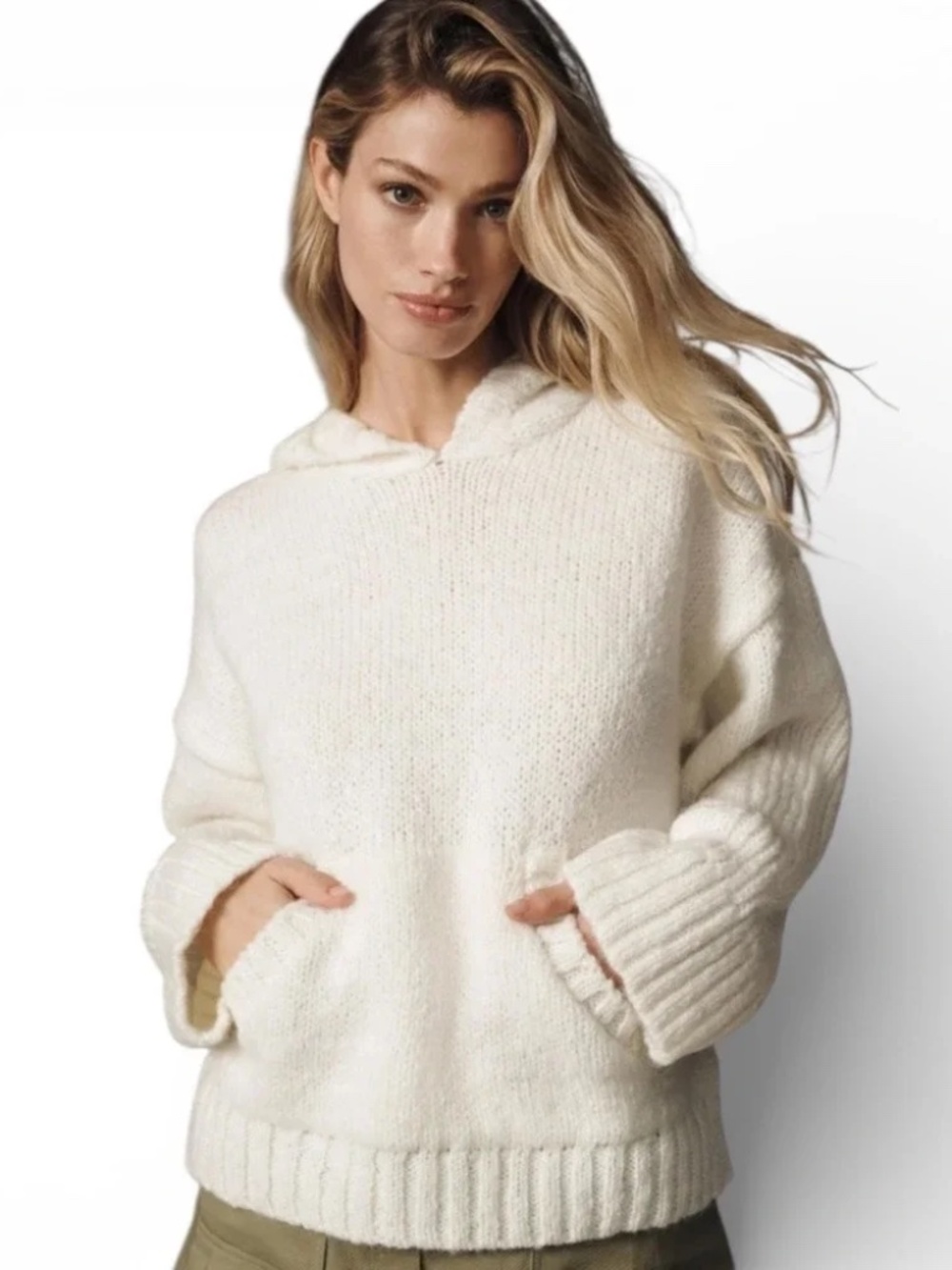 PILCRO Anthropologie Cream‎ Chunky Knit Oversized Hoodie Sweater Women MEDIUM M